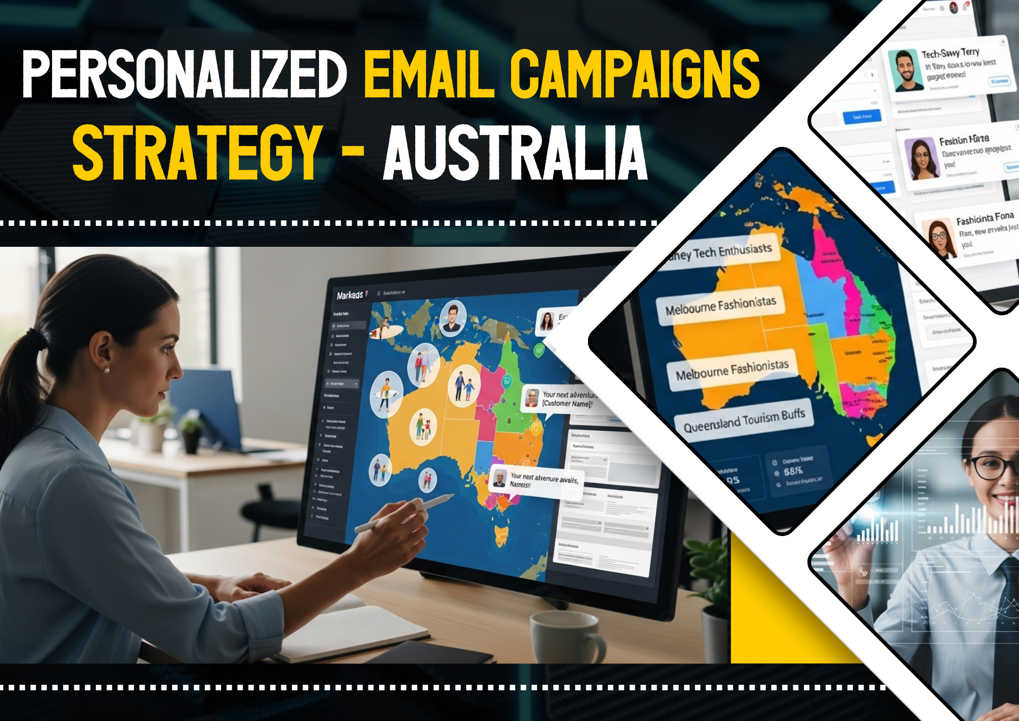 Marketer creating personalized email campaigns strategy for Australian business clients.