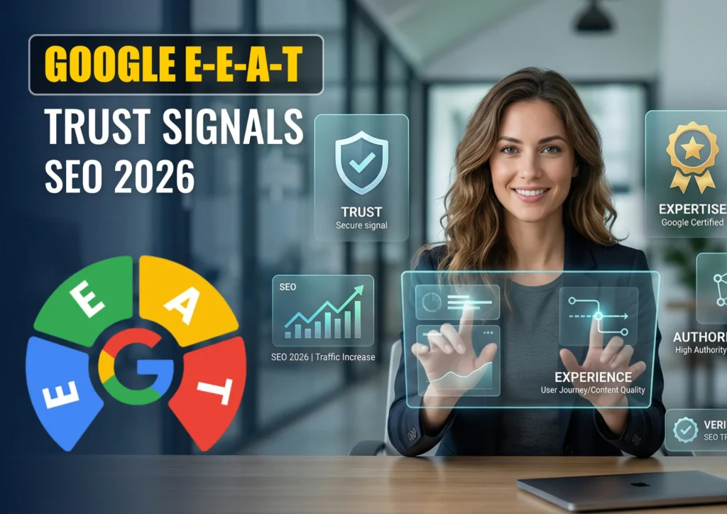 Diagram showing Google's E-E-A-T framework — Experience, Expertise, Authoritativeness, and Trust — as SEO ranking factors in 2026